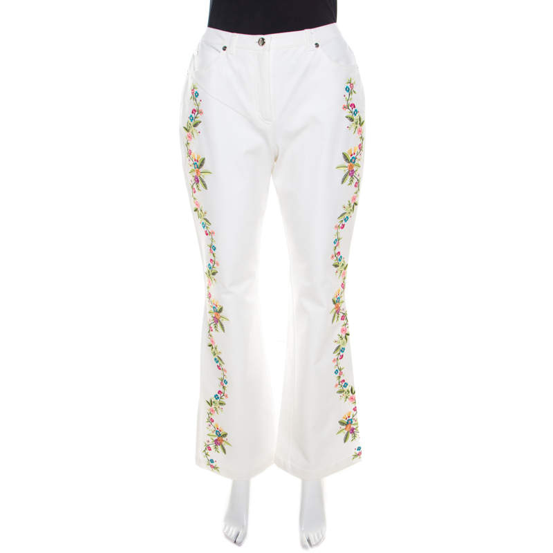 Escada White Cotton Stretch Denim Floral Embroidered Detail Flared Trousers M