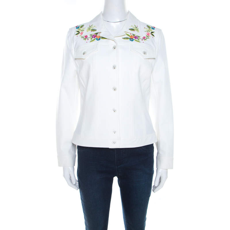Pre Owned Escada White Denim Floral Embroidered Jacket M 
