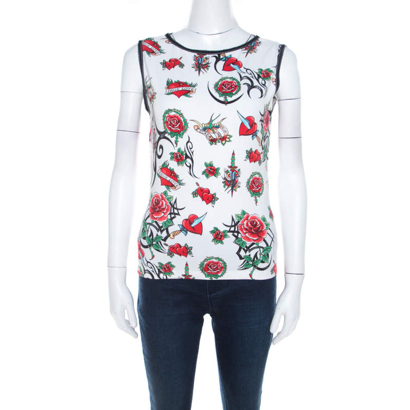 Escada White True Love Print Cotton Sleeveless Top M