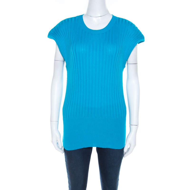 Escada Blue Cotton Ribbed Knit Crew Neck Top L