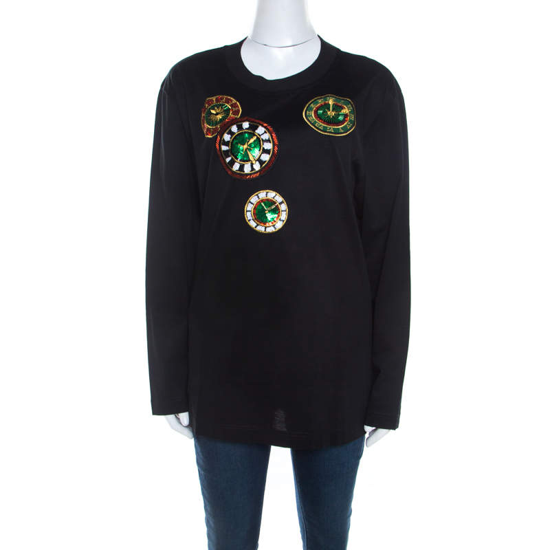 Pre Owned Escada Black Rib Knit Cotton Embellished Clock Applique Long Sleeve Top L