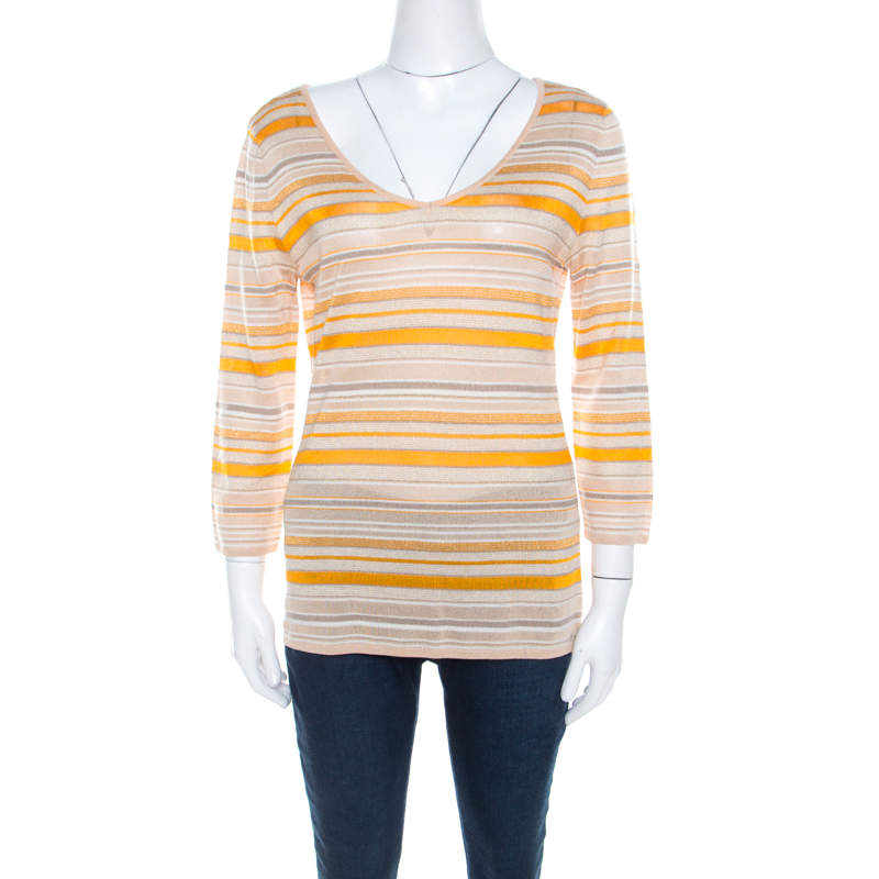 Pre Owned Escada Beige And Orange Stripes Knit Long Sleeve Top L