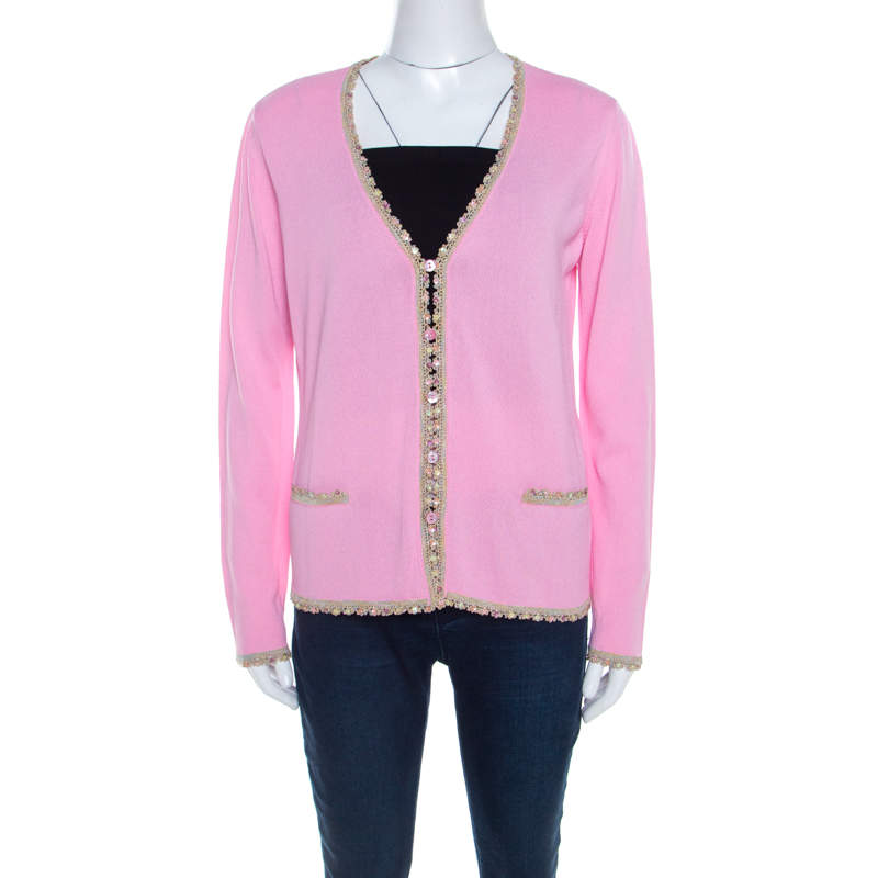 Escada Pink Knit Sequined Lace Trim Button Front Cardigan M  