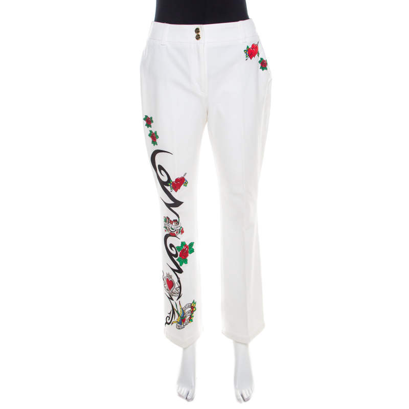Pre Owned Escada White True Love Heart Embroidered Denim High Waist Jeans M