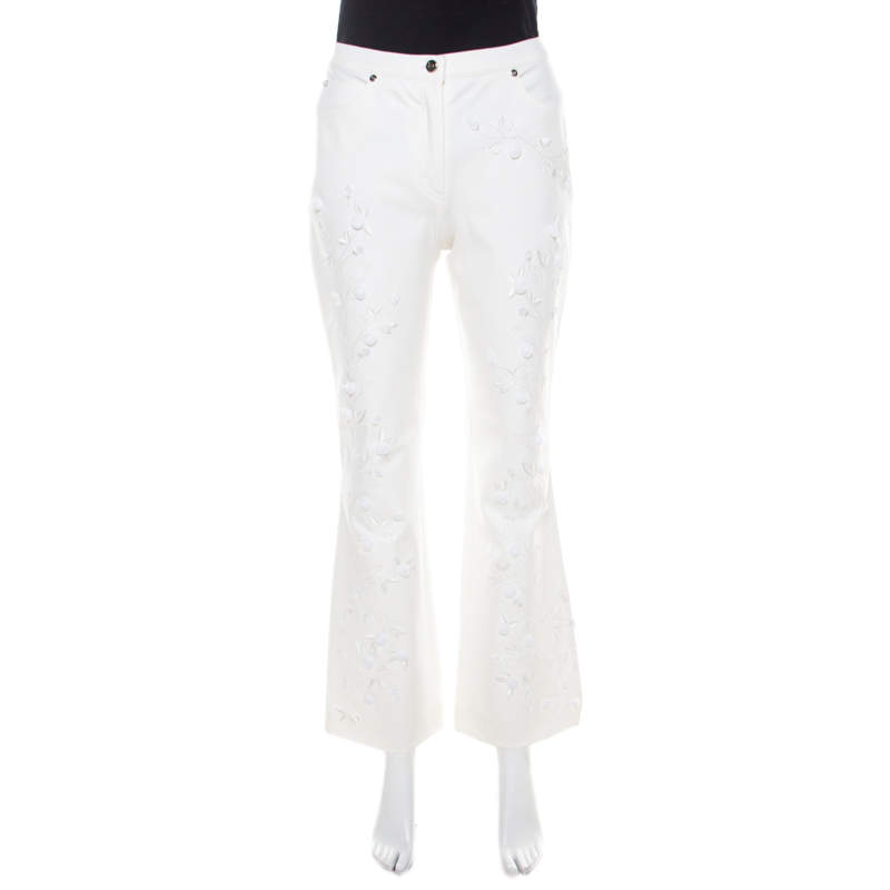 Escada White Cotton Twill Denim Sequined Rosette Applique Flared Jeans M