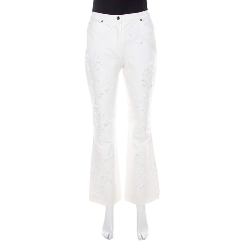 Pre Owned Escada White Cotton Denim Sequined Rosette Applique Flared Jeans M
