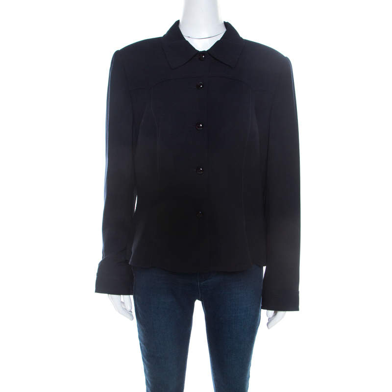 Escada Navy Blue Wool Crepe Tailored Jacket L 