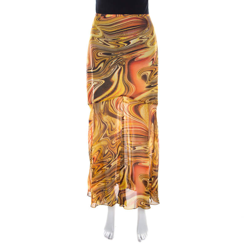 Escada Silk Chiffon Yellow Abstract Print Sheer Hem Skirt M 
