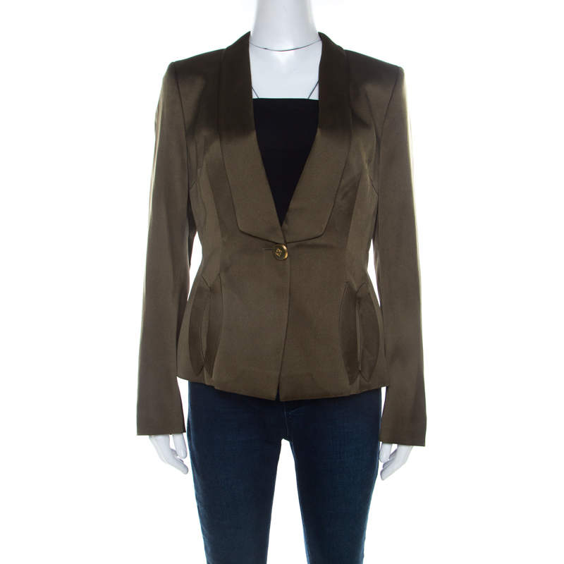 Escada Olive Green Silk Satin Tailored Blazer M 