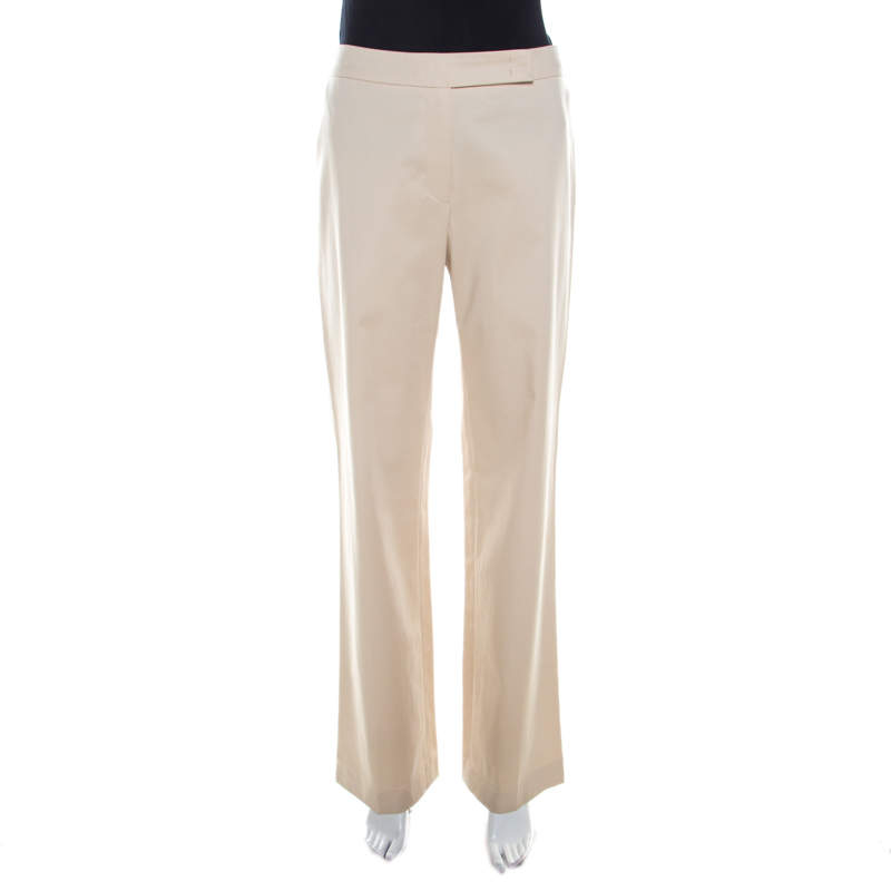 Pre Owned Escada Beige Cotton Flat Front Straight Fit Trousers M