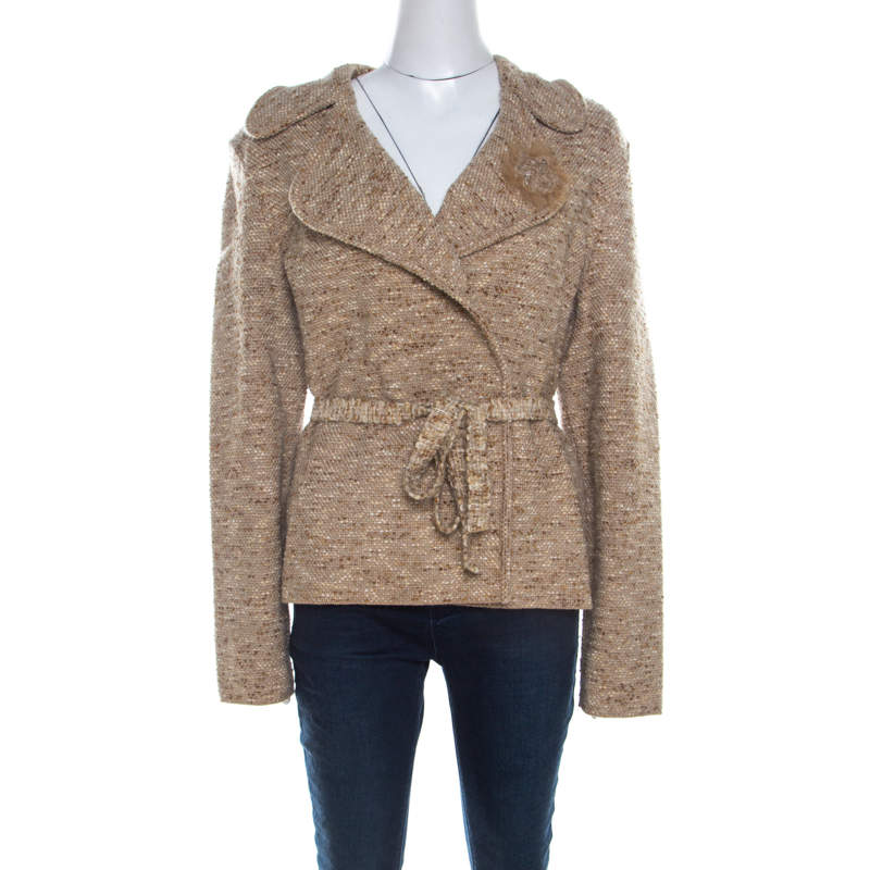 Escada Beige Wool Tweed Double Breasted Belted Jacket L
