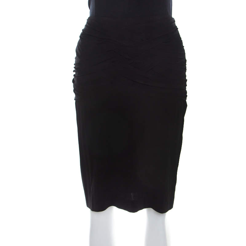 Escada Black Stretch Knit Ruched Braided Detail Edona Skirt M