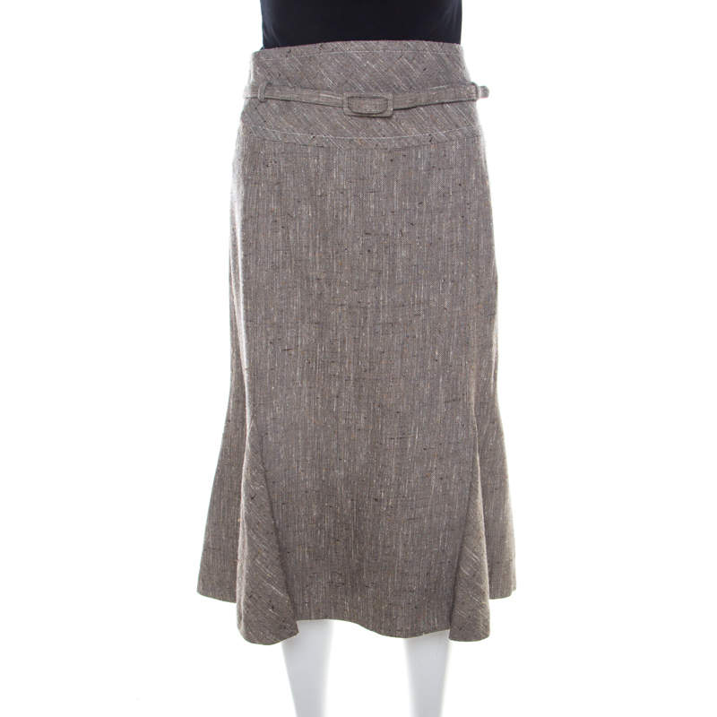 Pre Owned Escada Grey Silk and Wool Textured Belted Godet Skirt XXL