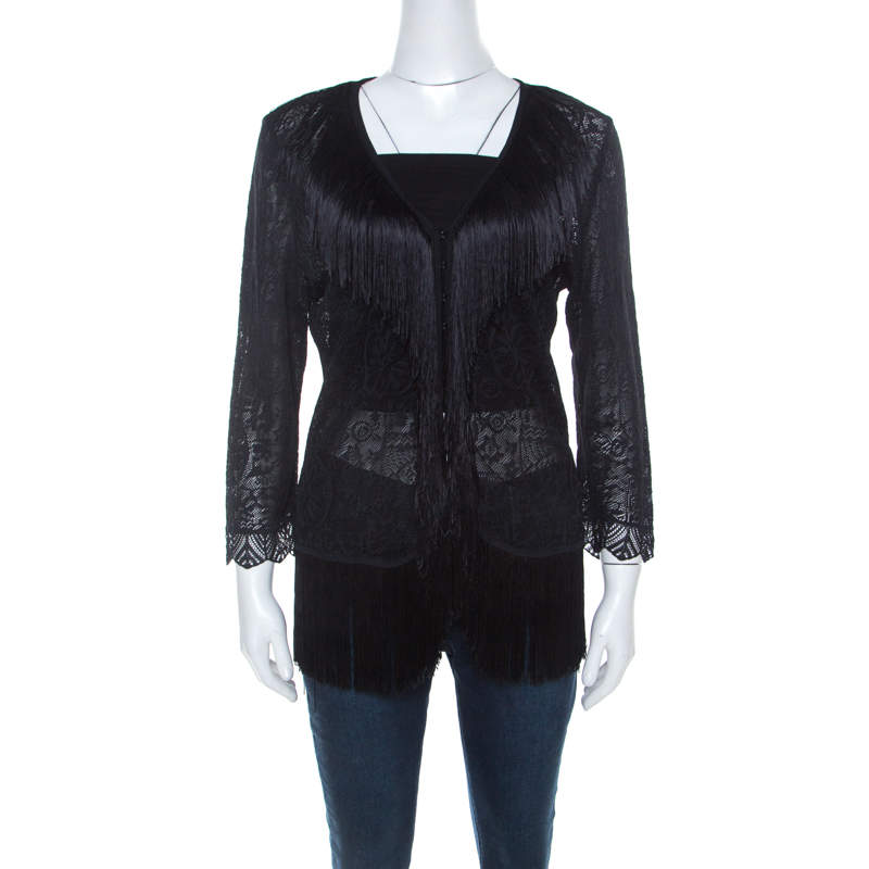 Escada Black Crochet Fringe Detail Cardigan L 