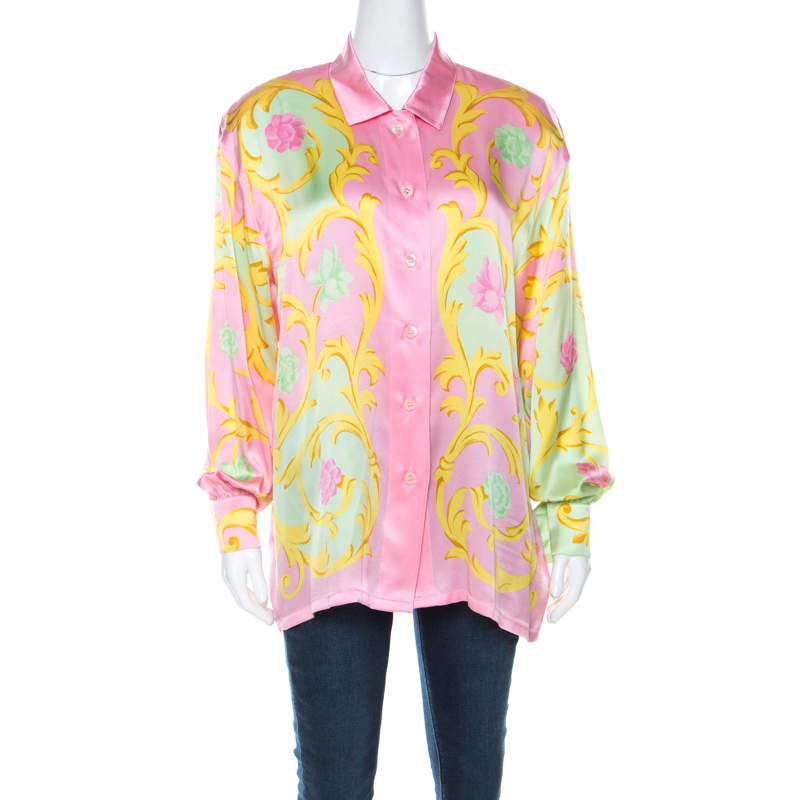 Pre Owned Escada Pink Printed Silk Padded Shoulder Shirt L
