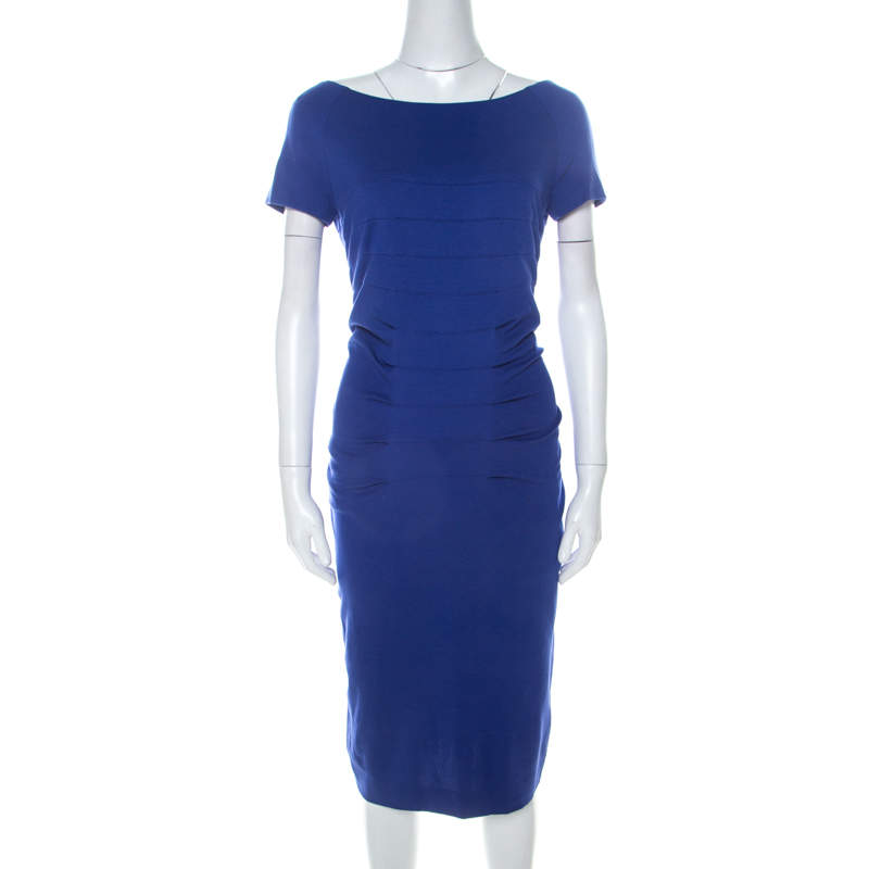 Escada Ink Blue Stretch Knit Pleated Dynamia Bodycon Dress M Escada ...