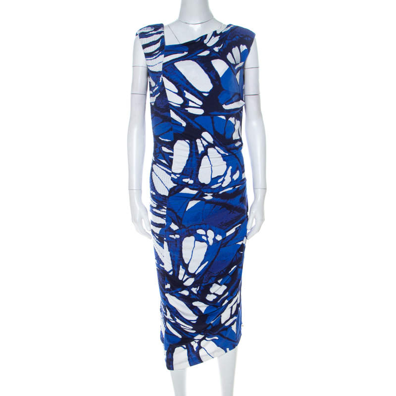 Pre Owned Escada Azure Blue Print Jersey Asymmetric Neck Elfryda Ruched Dress M
