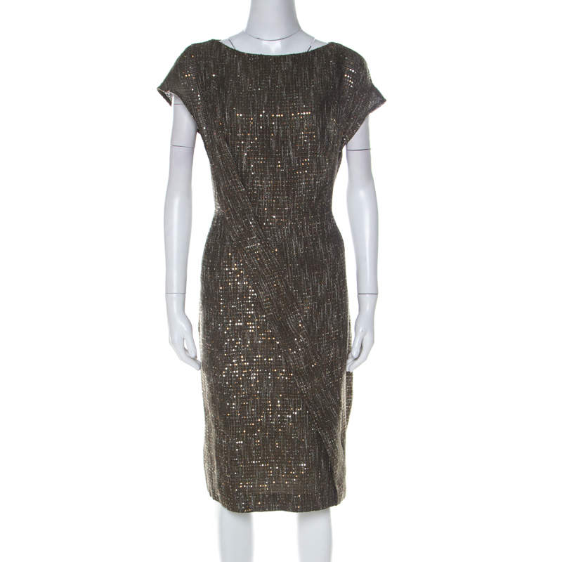 Pre Owned Escada Olive Green Sequinned Tweed Darouny Sheath Dress L
