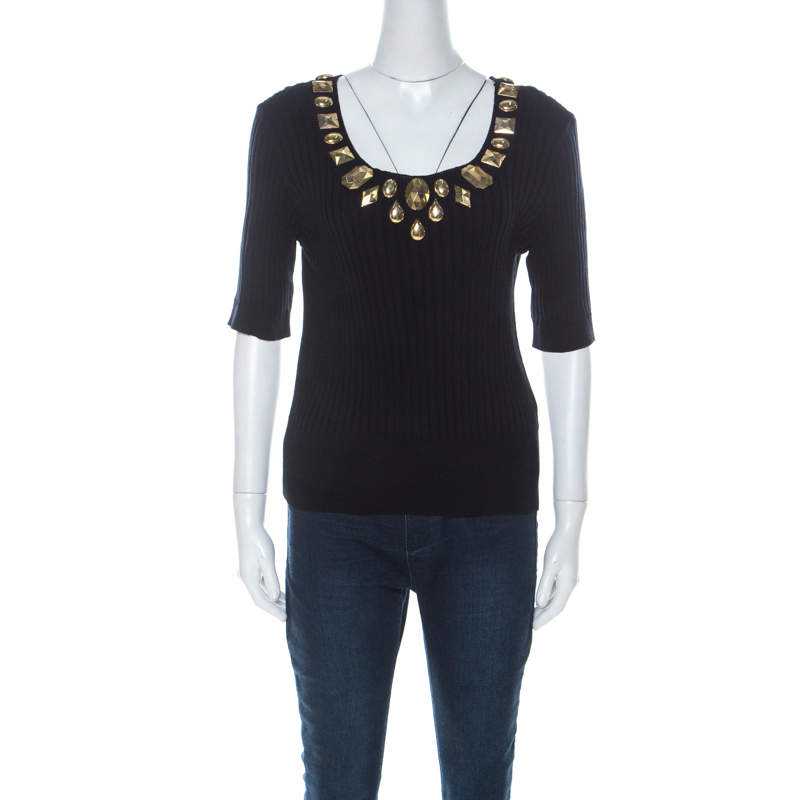 Pre Owned Escada Navy Blue Rib Knit Gold Embellished Neckline Three Quarter Sleeve Top M 