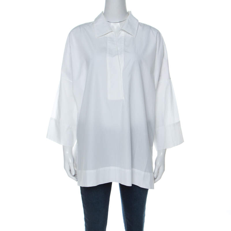 Pre Owned Escada White Cotton Drop Shoulder Three Quarter Sleeve Collared Top L