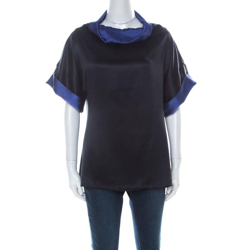 Escada Black and Indigo Silk Turtleneck Short Sleeve Top M 