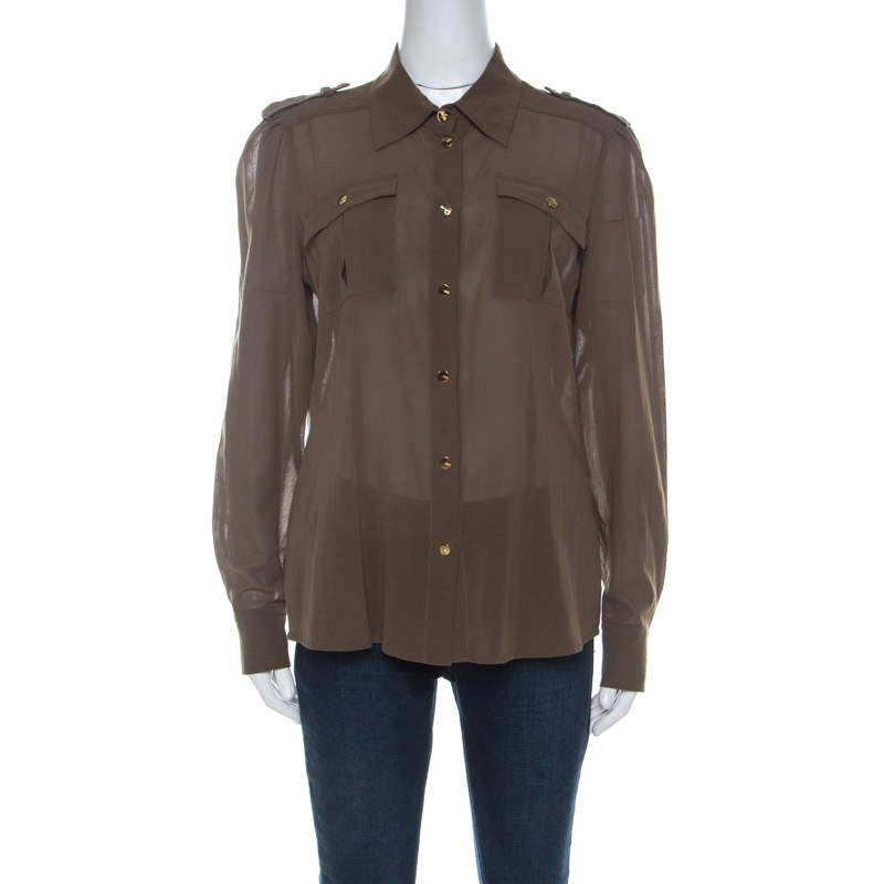 Pre Owned Escada Olive Green Cotton Gold Snap Button Detail Shirt M
