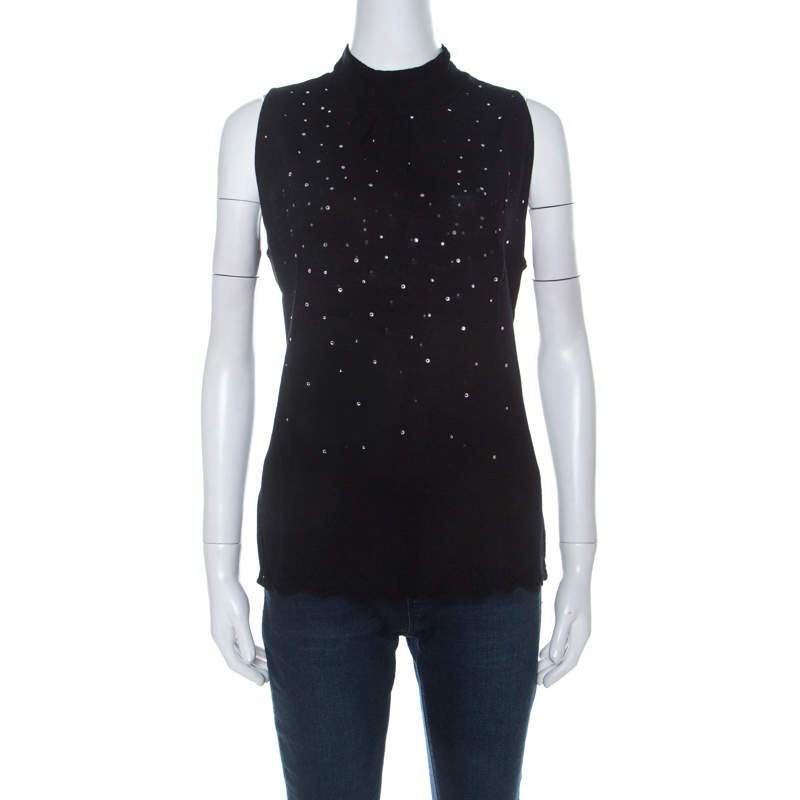 Escada Black Stretch Wool Embellished Sleeveless Lace Top XL