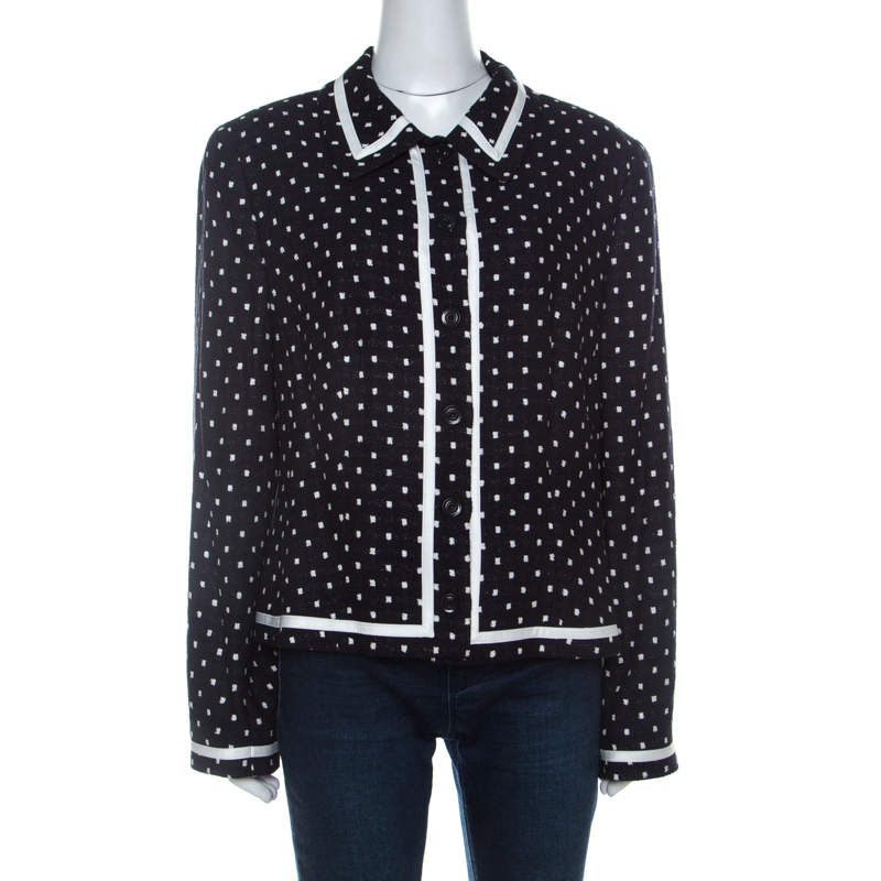 Escada Navy Blue Knit Polka Square Pattern Contrast Trim Jacket XL 