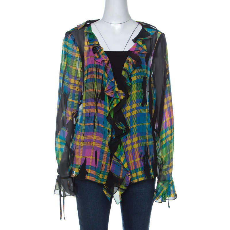 Escada Multicolor Plaid Print Silk Ruffle Detail Button Front Shirt XL
