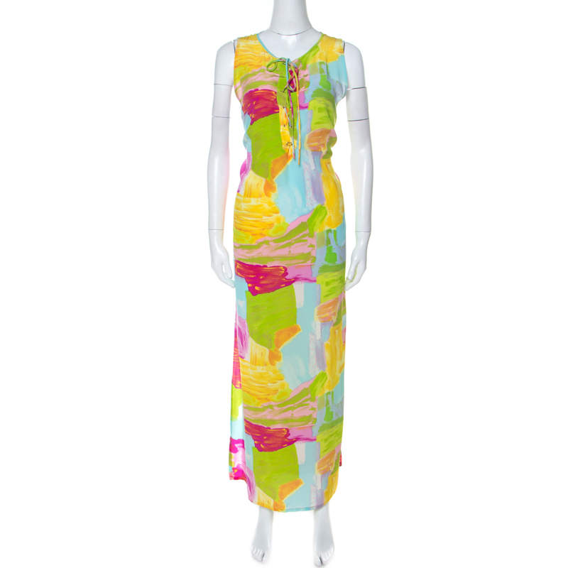 Escada Multicolor Printed Silk Side Slit Detail Maxi Dress XL 
