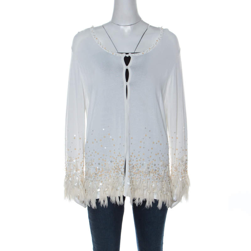 Pre Owned Escada Off White Knit Embellished Hemline Detail Cardigan XL