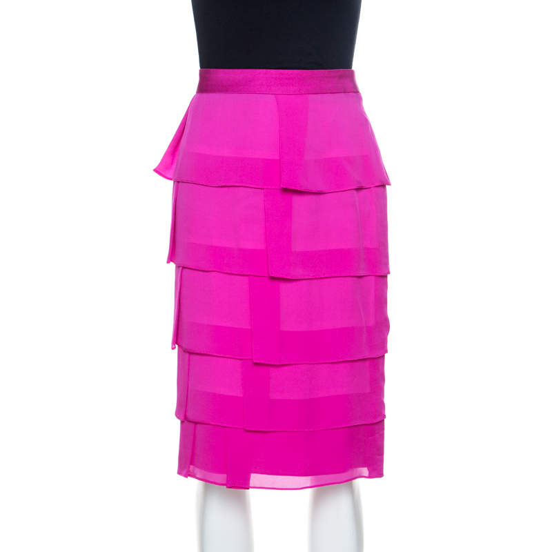 Pre Owned Escada Fuschia Pink Silk Tiered Skirt L