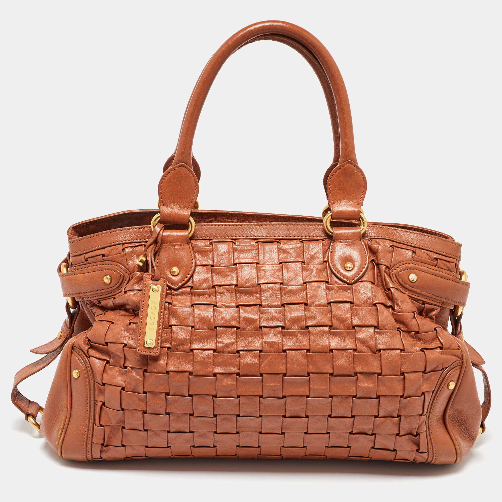 Pre Owned Escada Brown Woven Leather Horizontal Margaretha Tote