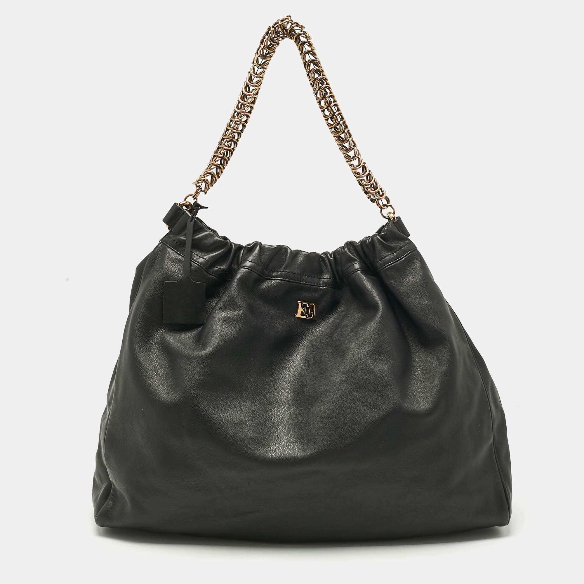 Pre Owned Escada Black Leather Chain Logo Hobo