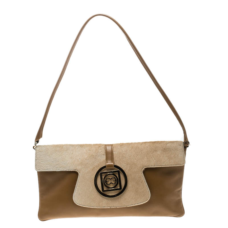 Pre Owned Escada Brown/Beige Leather and Calfhair Shoulder Bag