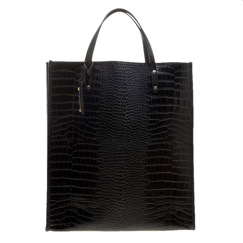 Pre Owned Escada Black Croc Embossed Leather Shopper Tote