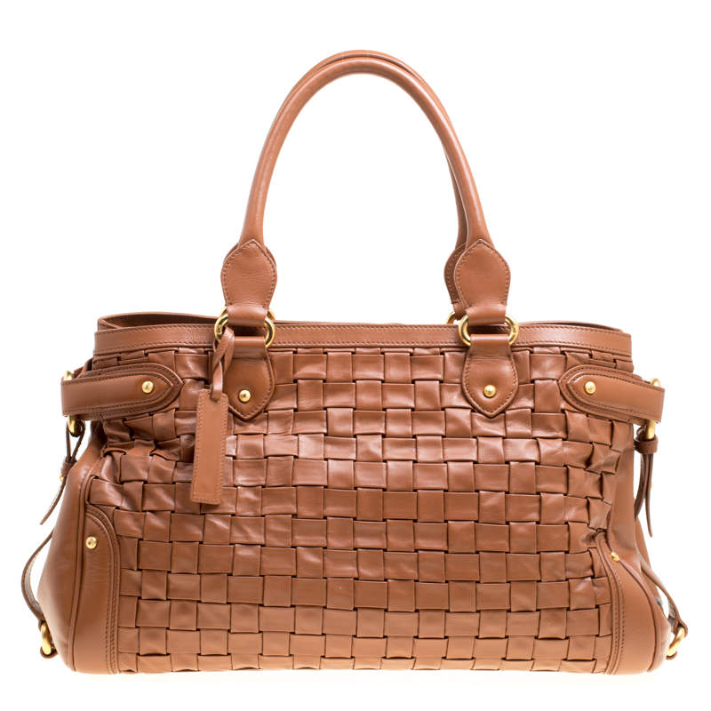 Pre Owned Escada Brown Woven Leather Horizontal Margaretha Tote 