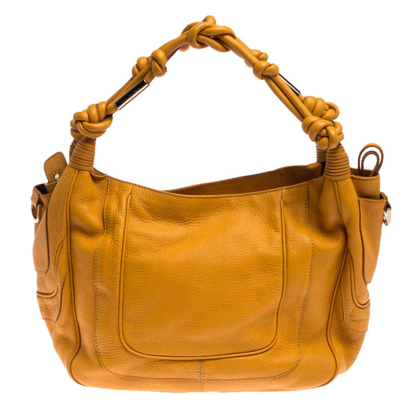 Escada Mustard Leather Knot Handle Shoulder Bag