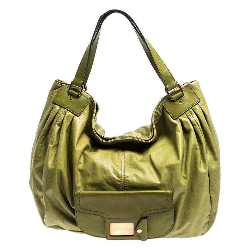 Escada Lime Green Leather Front Pocket Hobo