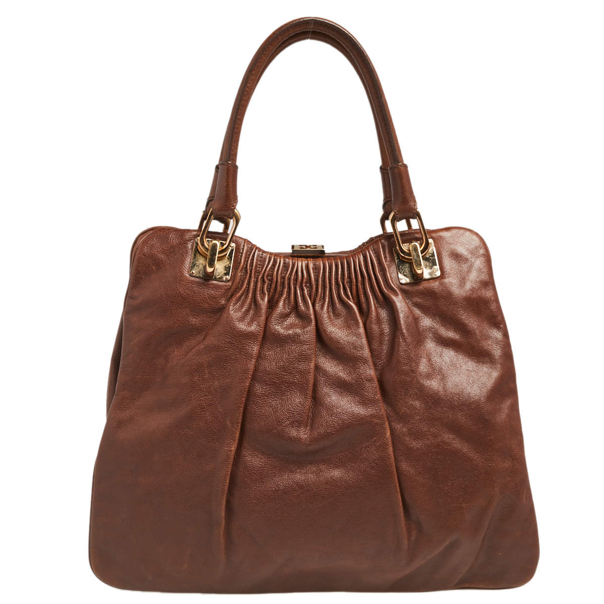 Pre Owned Escada Brown Pleated Leather Frame Tote