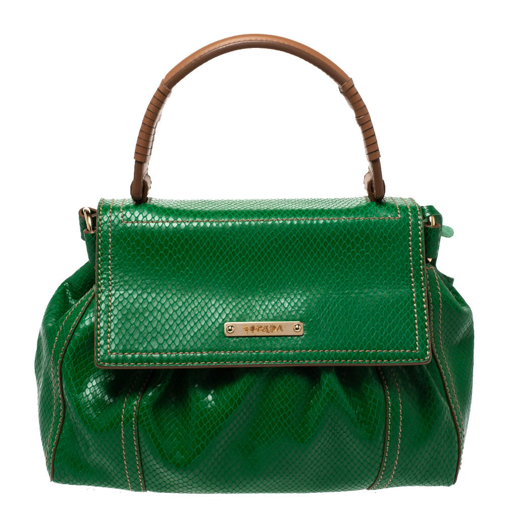 Escada Green Snakeskin Embossed Leather Top Handle Bag