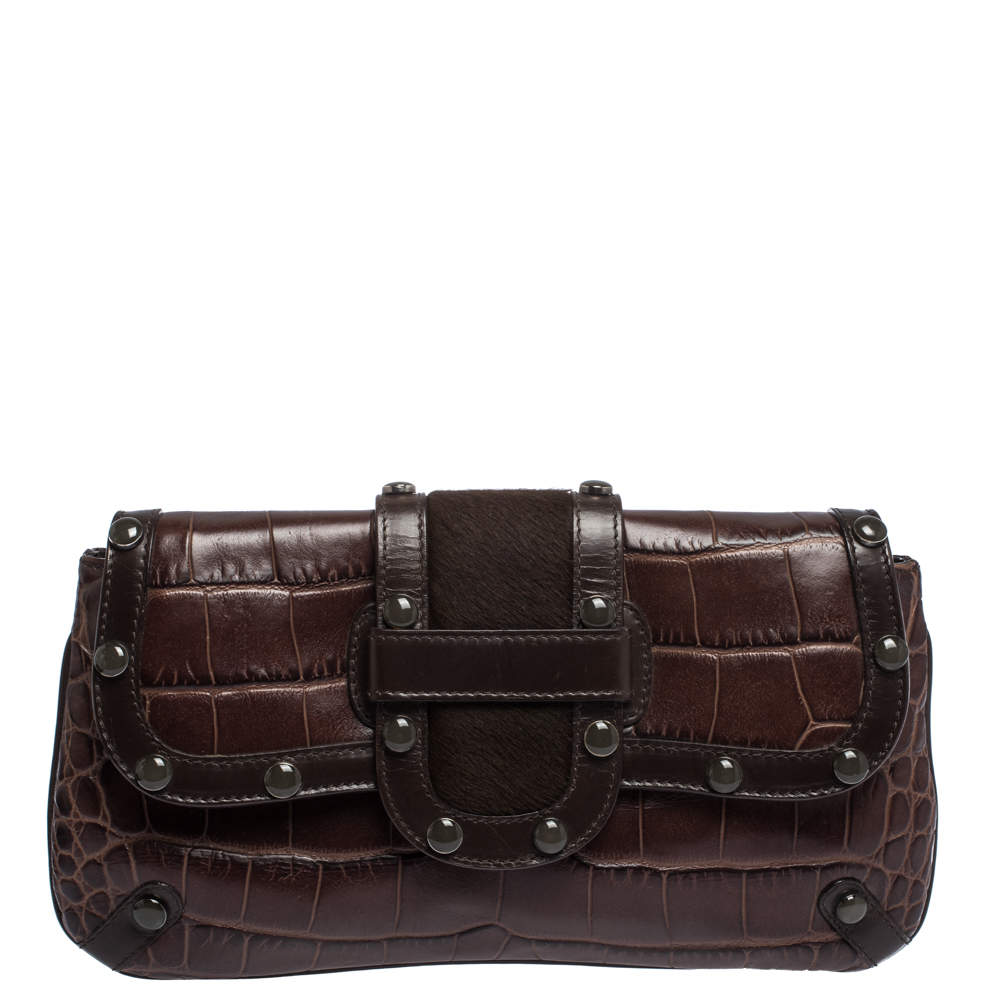 Pre Owned Escada Brown Croc Embossed Leather and Calfhair Clutch