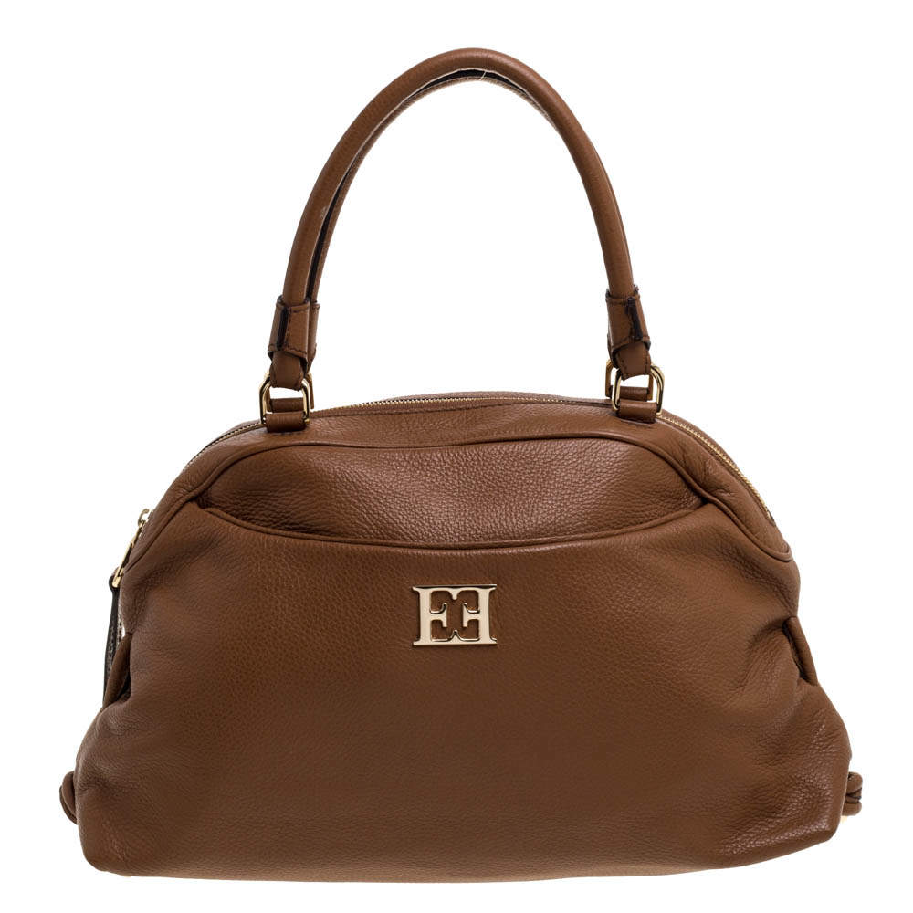 Pre Owned Escada Brown Leather Metal Logo Satchel