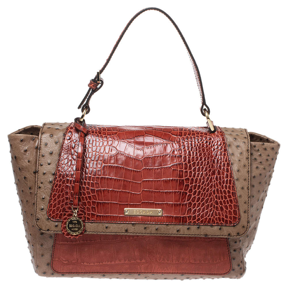 Pre Owned Escada Beige/Antique Rose Ostrich and Crocodile Embossed Leather Flap Top Handle Bag