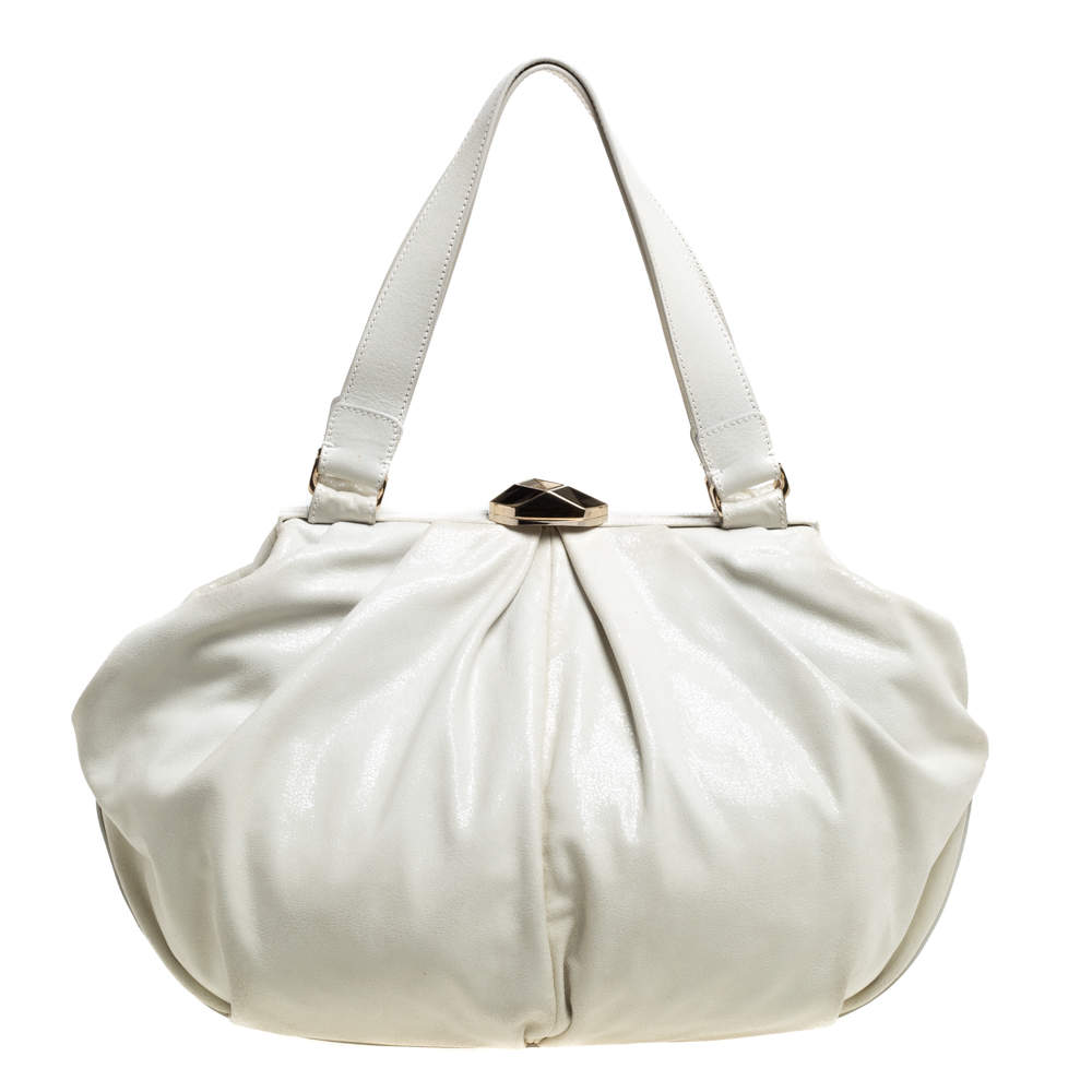 Escada White Crackled Patent Leather Frame Hobo