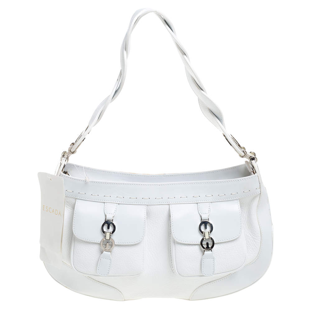 Escada White Leather Double Pocket Braided Handle Hobo