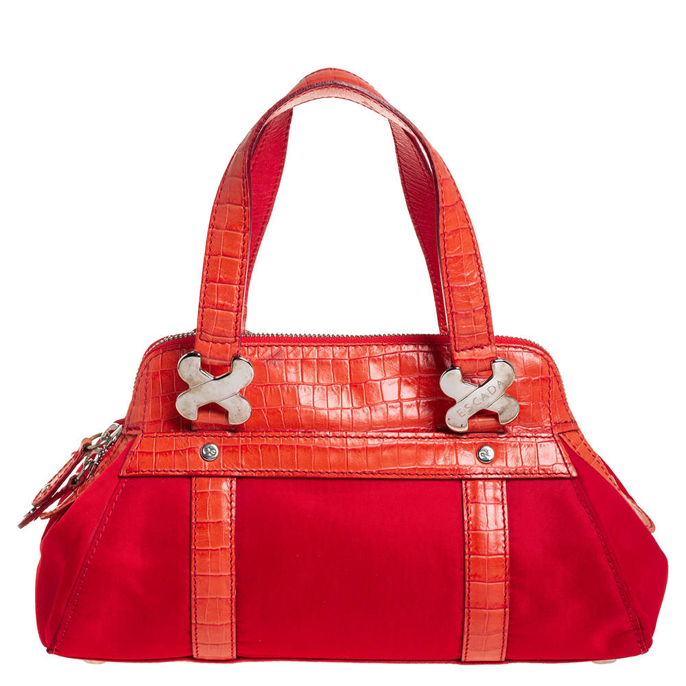 Escada Orange Fabric and Croc Embossed Leather Satchel
