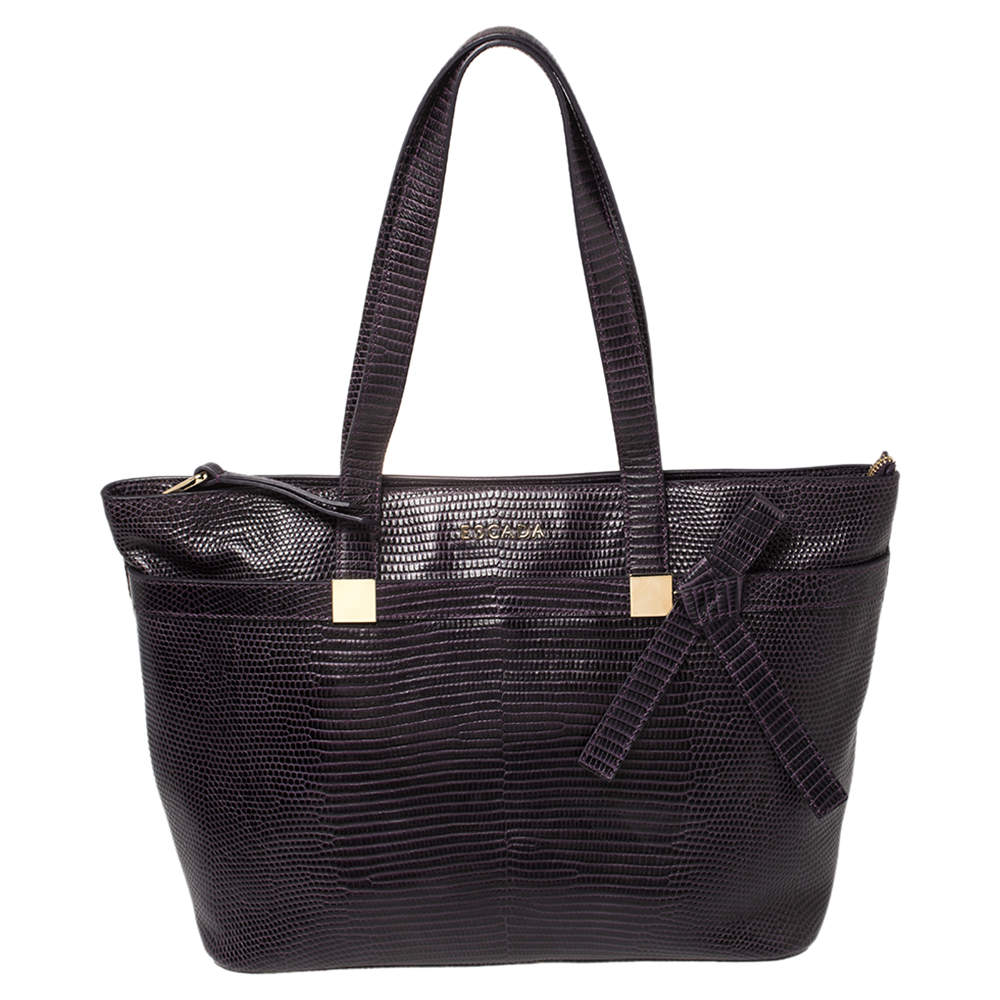 Pre Owned Escada Purple Lizard Embossed Leather Bow Tote
