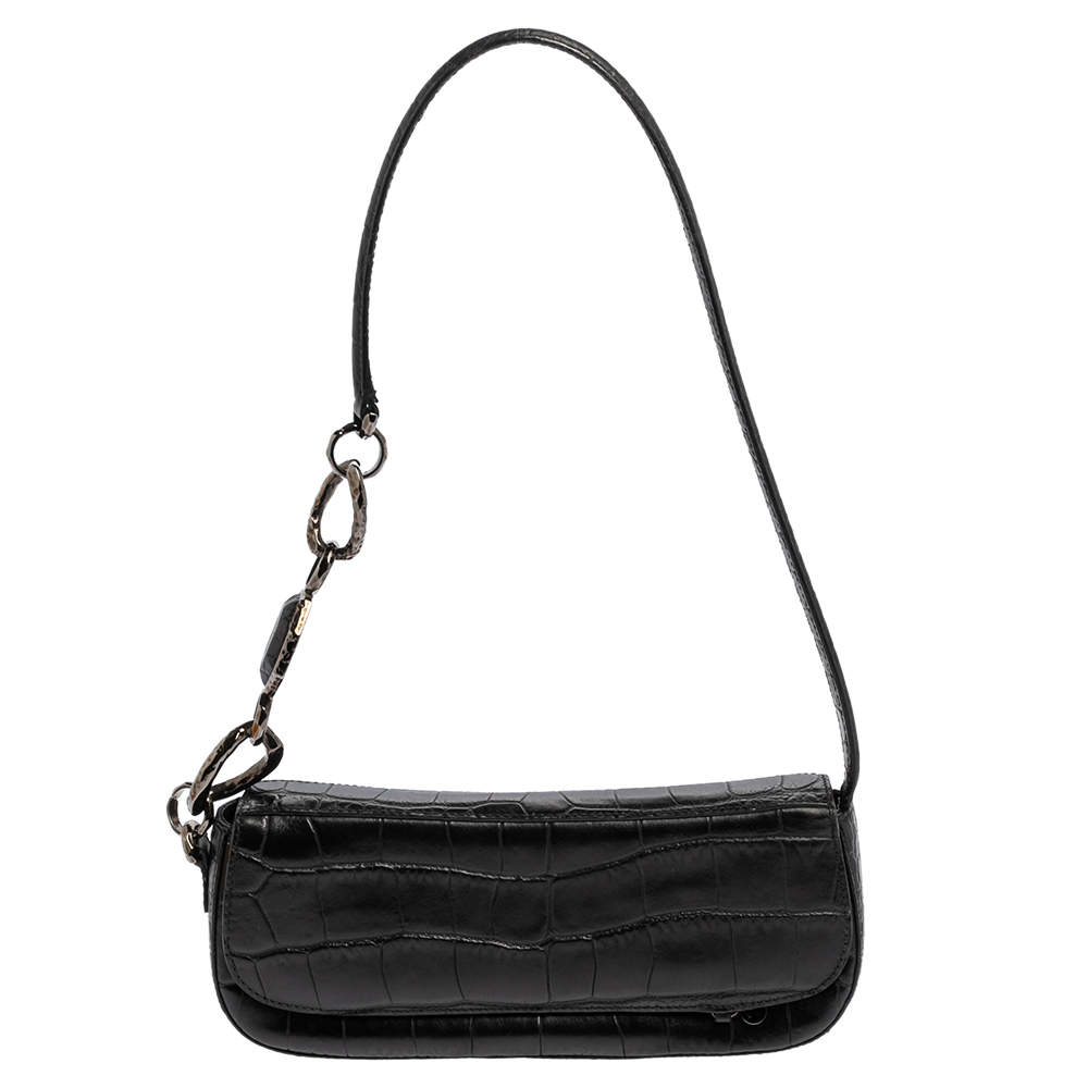 Pre Owned Escada Black Croc Embossed Leather Baguette