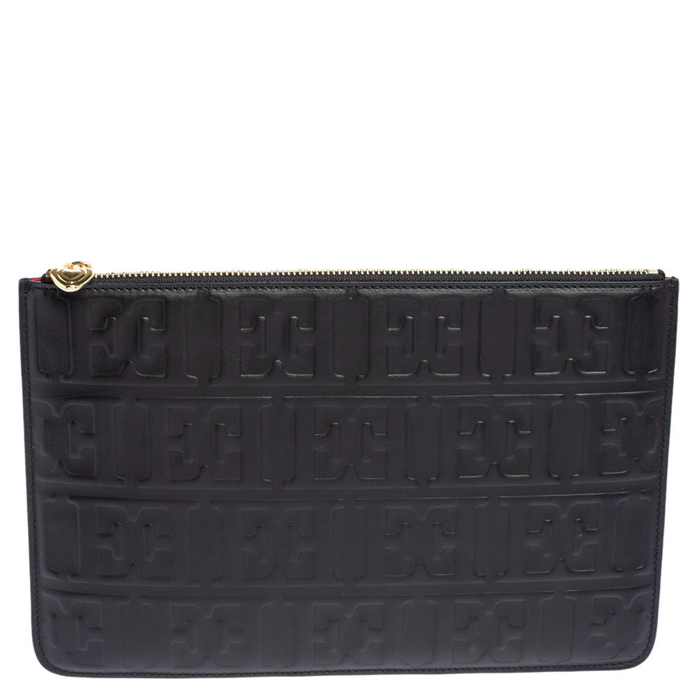 Pre Owned Escada Black Monogram Embossed Leather Top Zip Pouch